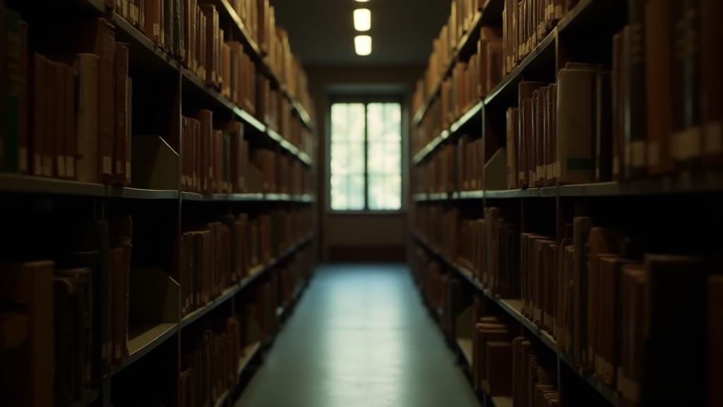 金属学の専門書が並ぶ図書館の通路、知識への道を象徴