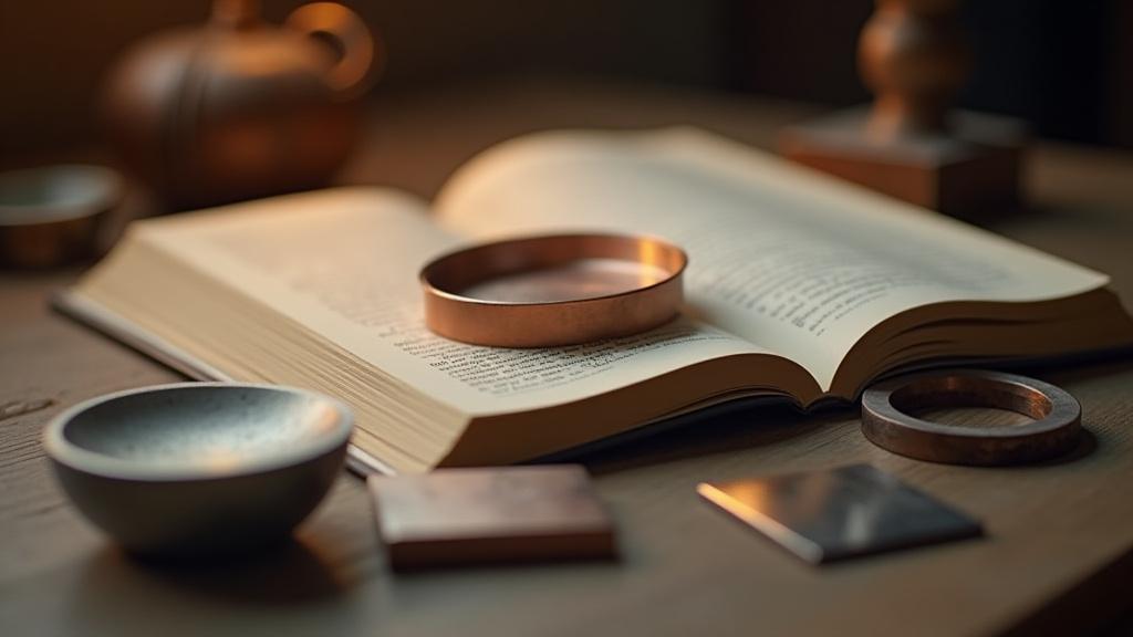 金属サンプルと開かれた本のクローズアップ、専門家による冶金文献の厳選されたコレクションを示す